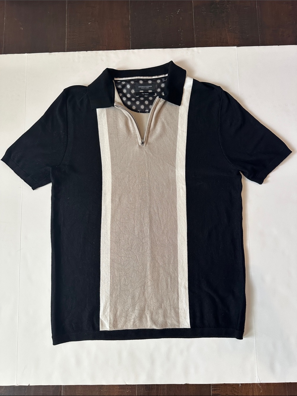 Denim & Flower Black Polo with Cream Center Panel